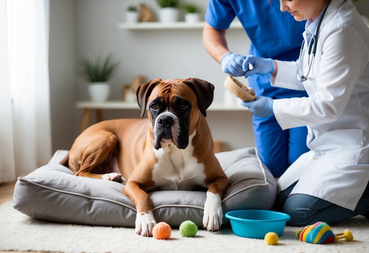 A contented boxer dog lies on a soft bed, surrounded by toys and a water bowl. A caring owner brushes the dog's fur, while a veterinarian checks its health