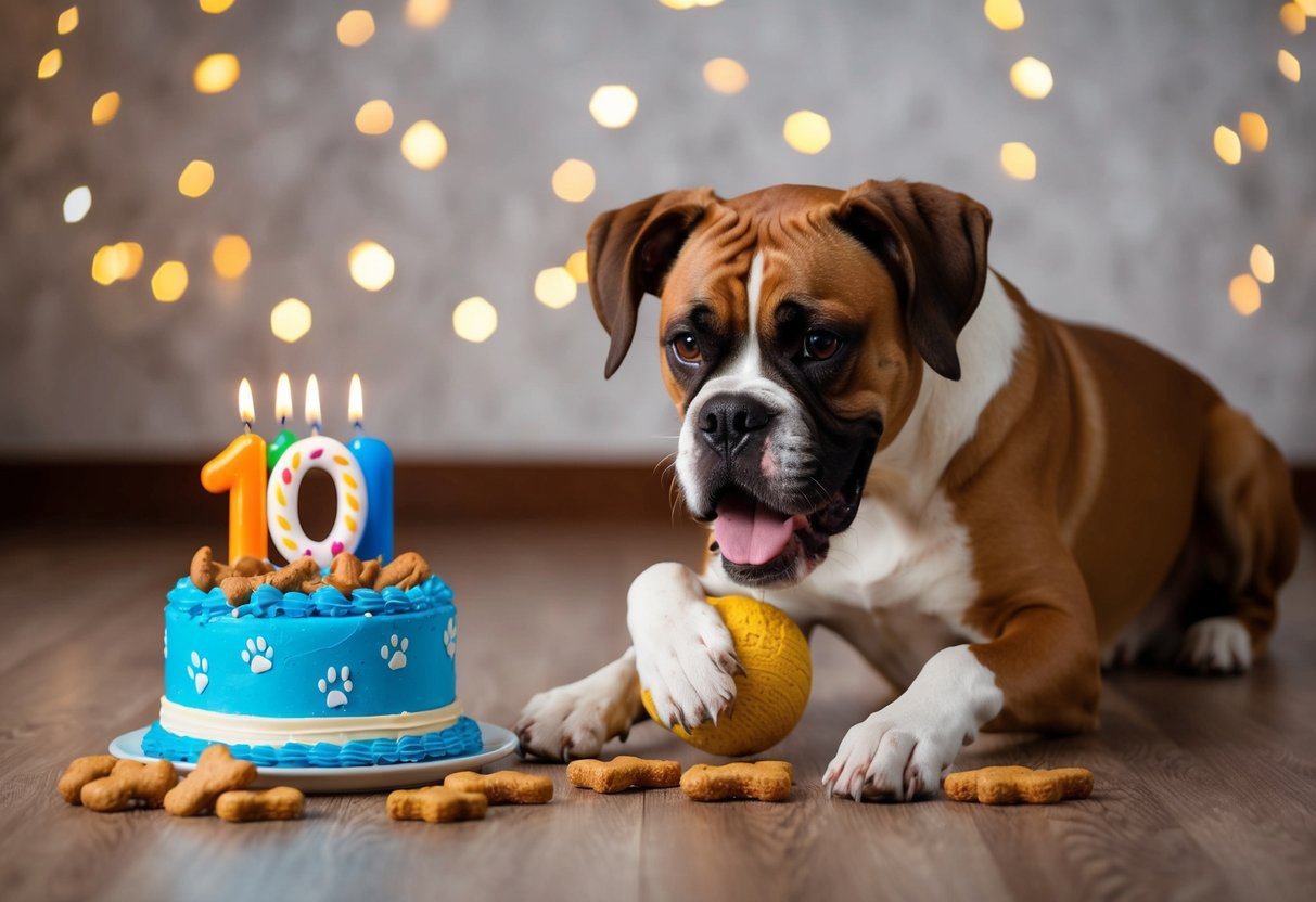 A 10-year-old boxer dog playing with a toy, surrounded by dog treats and a birthday cake with "10" candles