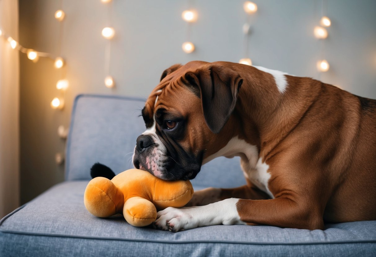 A Boxer dog nuzzles a plush toy, wagging its tail