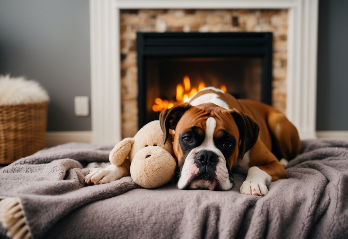 A boxer dog nuzzles a plush toy, curled up on a cozy blanket by a crackling fireplace