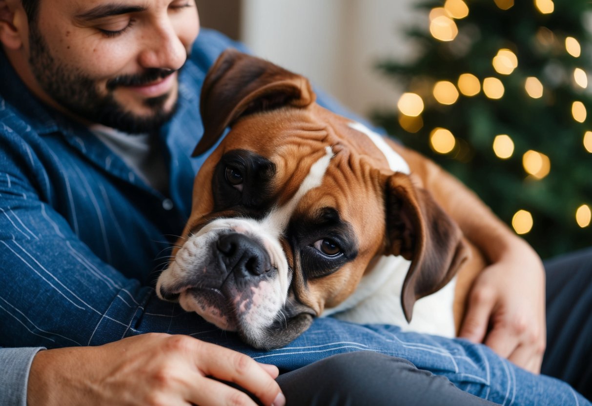 A Boxer dog snuggles up to its owner, resting its head on their lap with a content expression