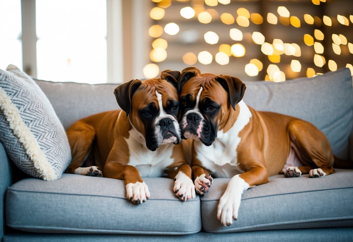 Two boxers snuggled together on a cozy couch, nuzzling each other affectionately