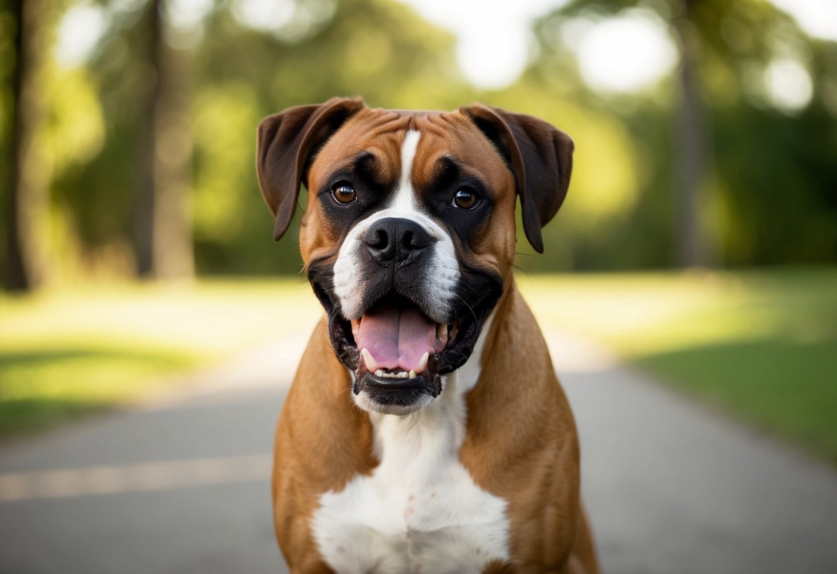 A boxer dog standing alert with teeth bared, appearing ready to bite