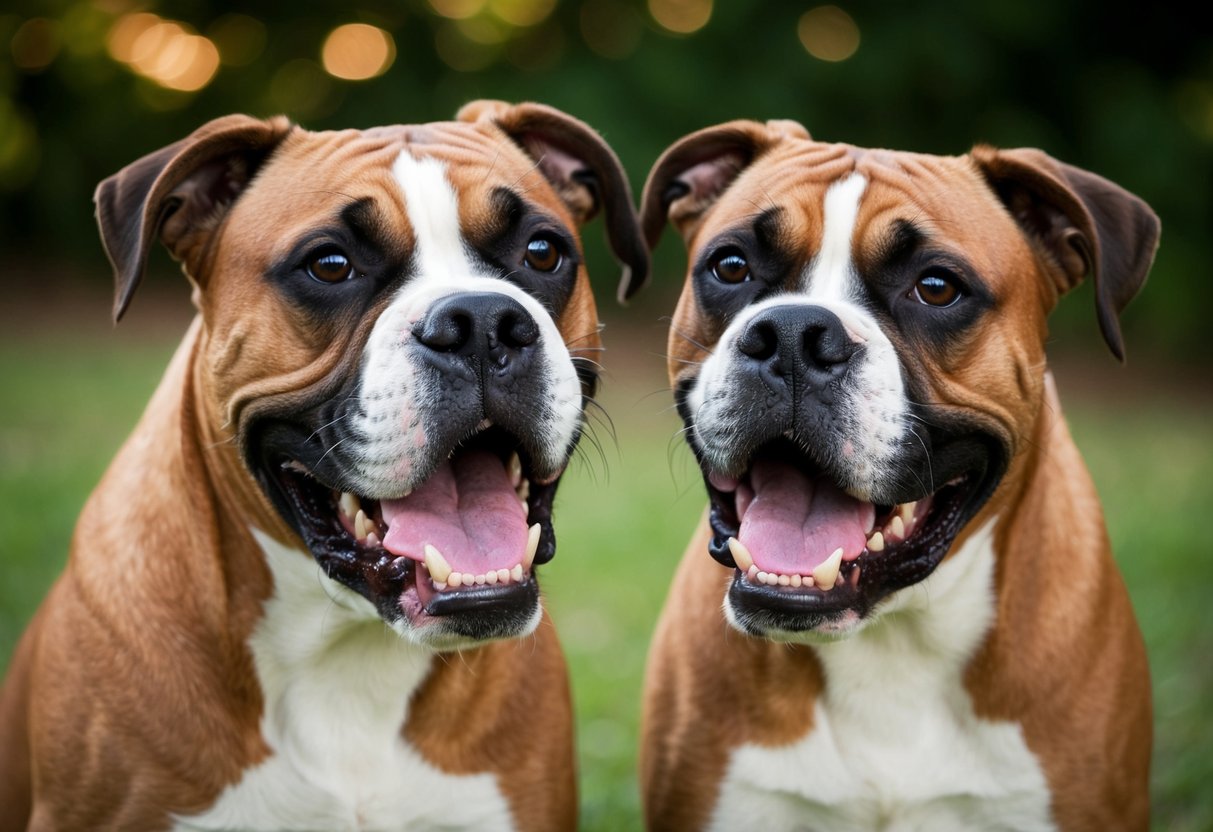 Two Boxer dogs with strong jaws and teeth, standing alert