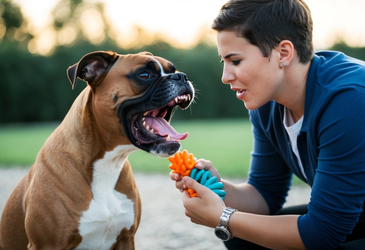 A boxer dog snarls, showing teeth, while a person calmly redirects its attention to a chew toy