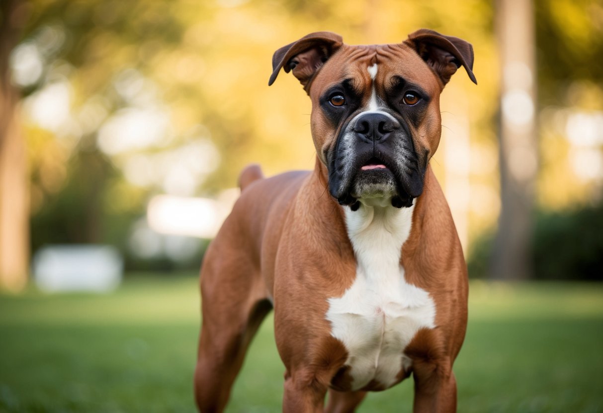 A boxer dog stands confidently, ears alert and tail wagging, showing no signs of aggression