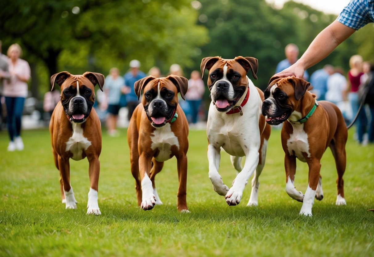 Two boxer dogs playing in a park with other friendly dogs and happily greeting people