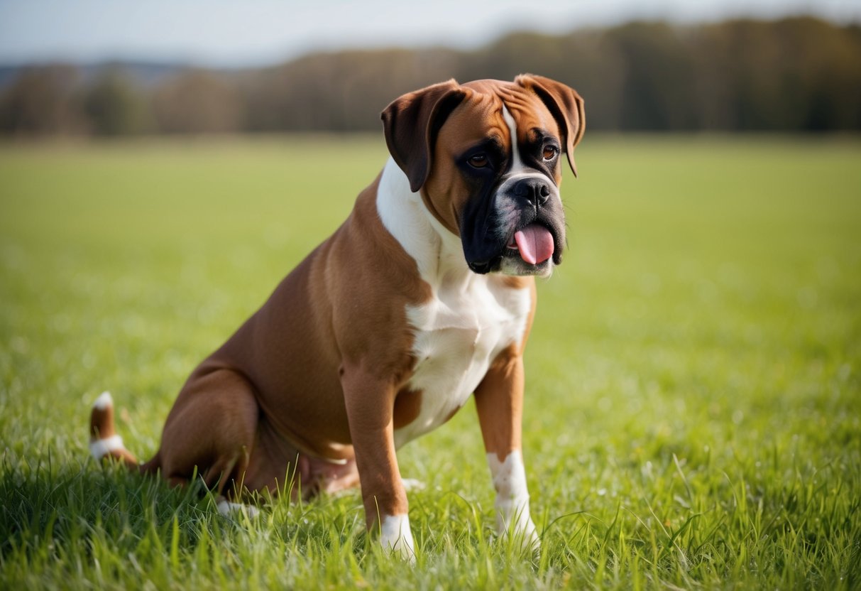 A boxer dog licking its paw while sitting on a grassy field