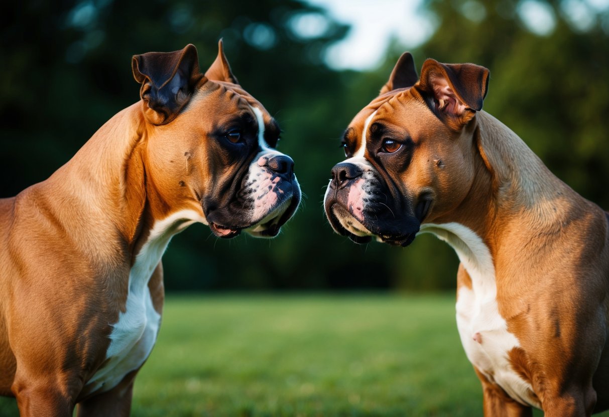 Two boxer dogs stand face to face, their bodies tense and alert. Their ears are perked up and their muscles are visibly coiled, ready to spring into action