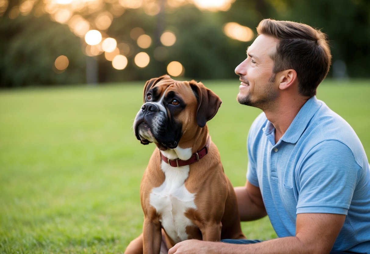A boxer dog sits calmly beside its owner, wagging its tail and looking up at them with adoring eyes