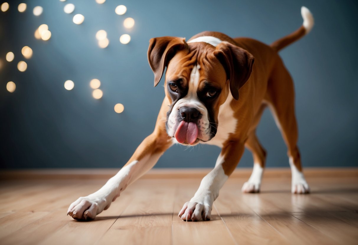 A boxer dog licking its paw nervously while pacing back and forth