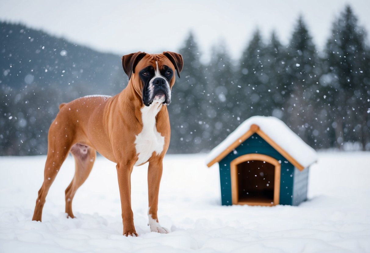 A boxer dog standing in a snowy landscape, with snowflakes falling and a cozy dog house in the background