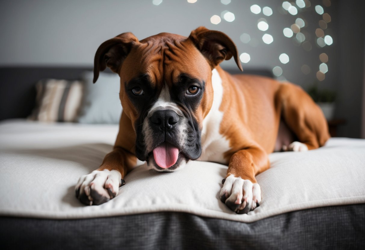 A boxer dog licking its paws while lying on a comfortable bed