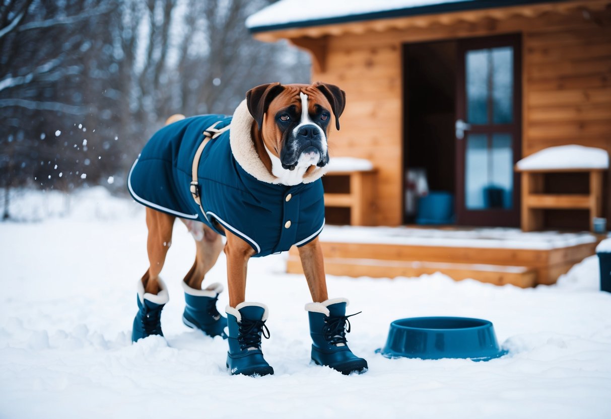 A boxer dog wearing a warm coat and boots playing in the snow, with a cozy shelter and water bowl nearby