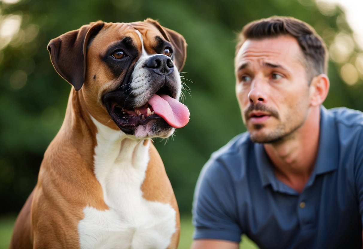 A boxer dog with a long pink tongue, licking its nose and panting, while its owner looks on with concern