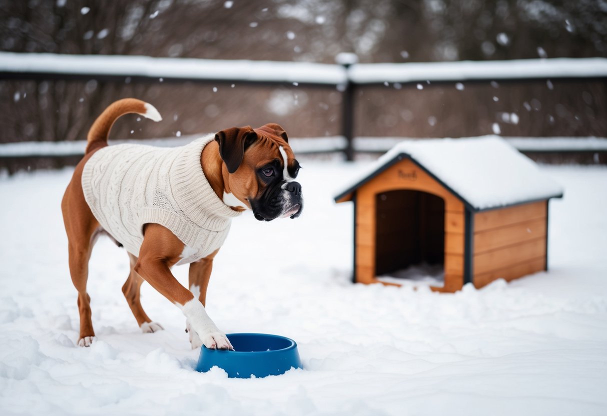 A boxer dog wearing a cozy sweater plays in the snow, with a warm dog house and water bowl nearby