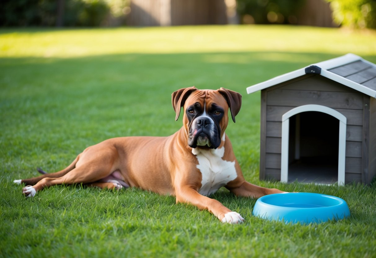 A boxer dog lounges in a spacious backyard, basking in the sun with a sturdy doghouse and water bowl nearby