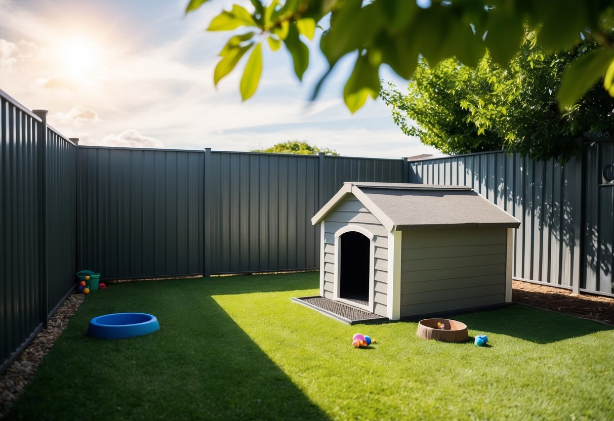 A spacious backyard with a sturdy, comfortable dog house, a shaded area, and a secure fence. A water bowl and toys are scattered around