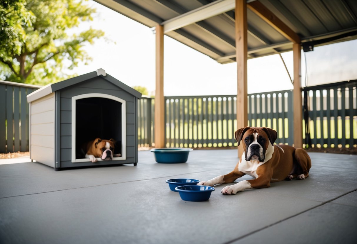 A boxer dog lounges in a spacious, shaded outdoor area with a sturdy, fenced enclosure and a comfortable doghouse. Water and food bowls are easily accessible, and there are no hazards present