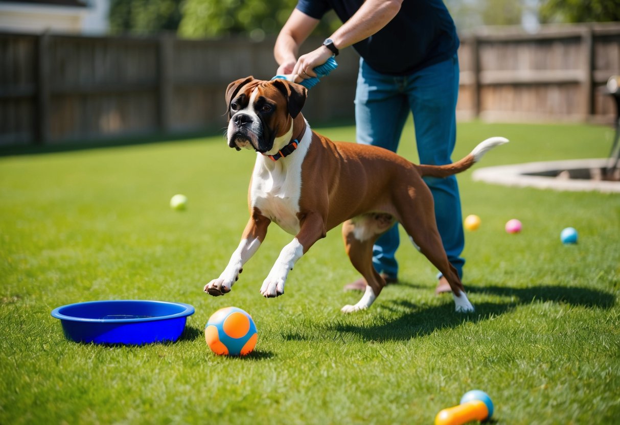 A boxer dog playing in a spacious backyard, with a water bowl and toys scattered around. A person is seen grooming the dog's coat