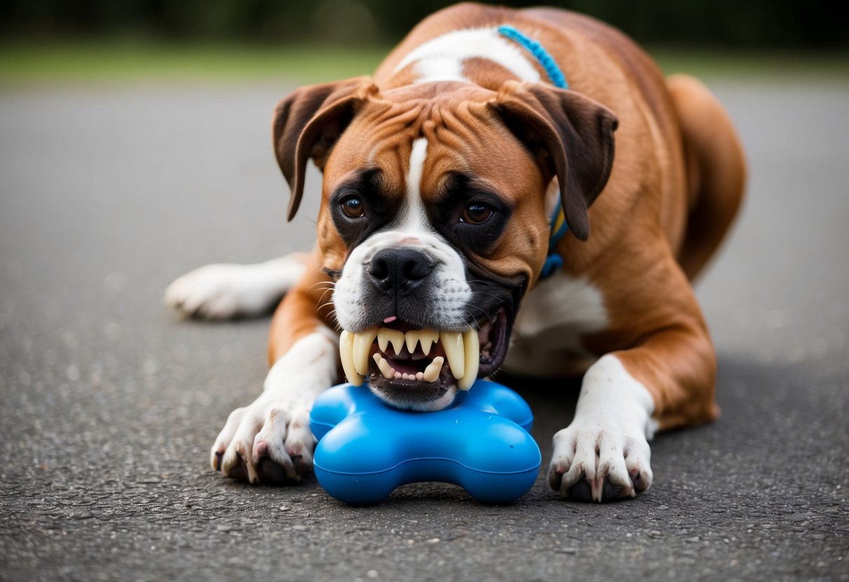 A boxer dog with a powerful bite clamps down on a sturdy chew toy, showing off its strong jaw and teeth
