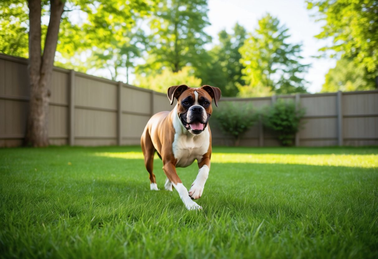 A boxer dog happily plays in a spacious backyard, surrounded by green grass, tall trees, and a sturdy fence. Sunshine and fresh air fill the environment, providing a stimulating and safe space for the dog to thrive