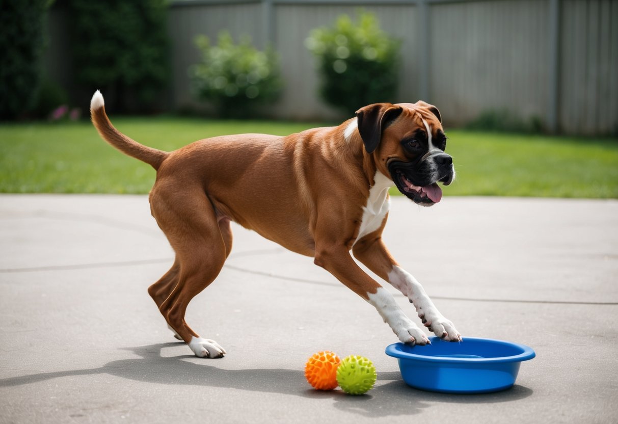 A boxer dog playing in a spacious backyard, with a water bowl and toys nearby. The dog looks healthy and energetic, with a shiny coat and alert expression