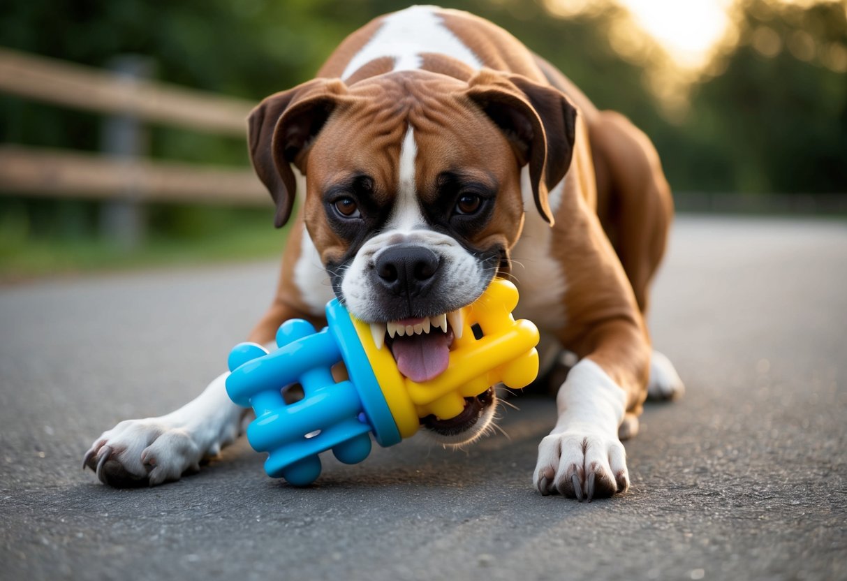A boxer dog with a powerful jaw clamps down on a sturdy chew toy, demonstrating its strong bite