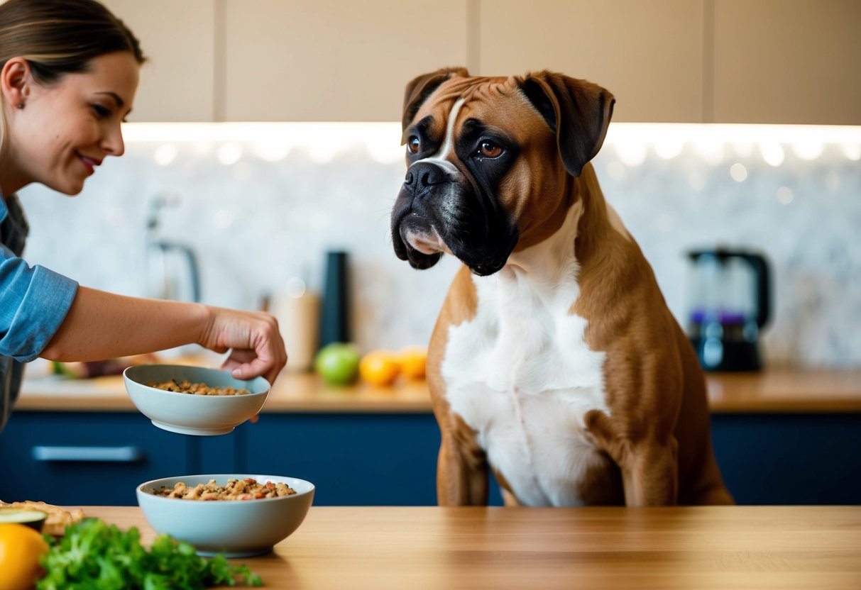 A boxer dog eagerly awaits its daily exercise, while its owner prepares its nutritious meal