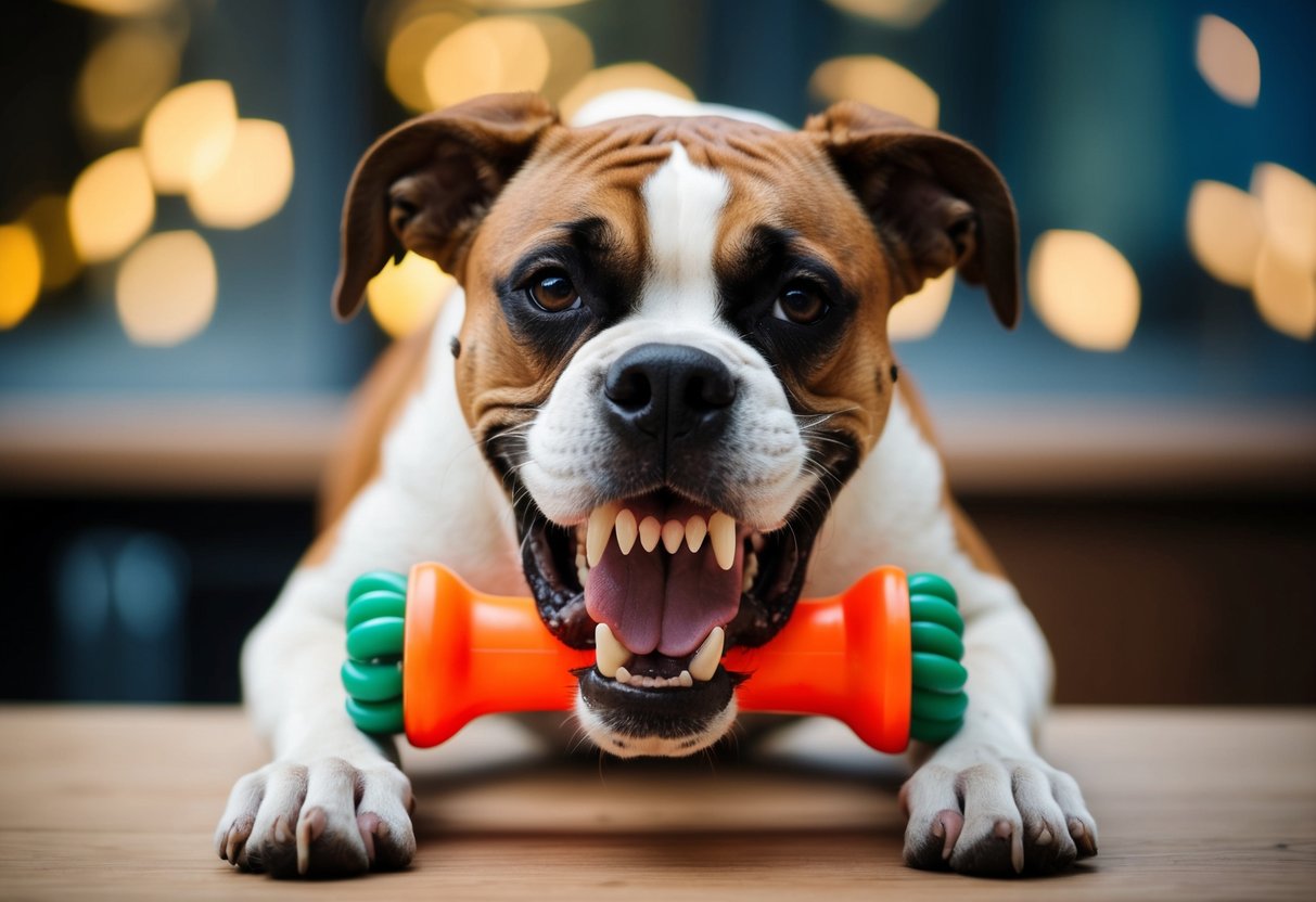 A boxer dog biting down on a sturdy chew toy, showing its powerful jaw and teeth