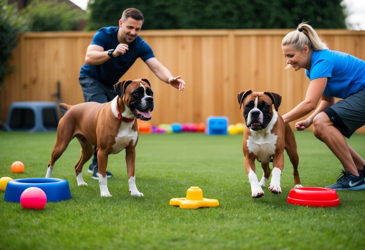 Two boxer dogs playing in a spacious backyard, surrounded by toys and training equipment. Their owner is engaged in a training session, with a positive and energetic attitude