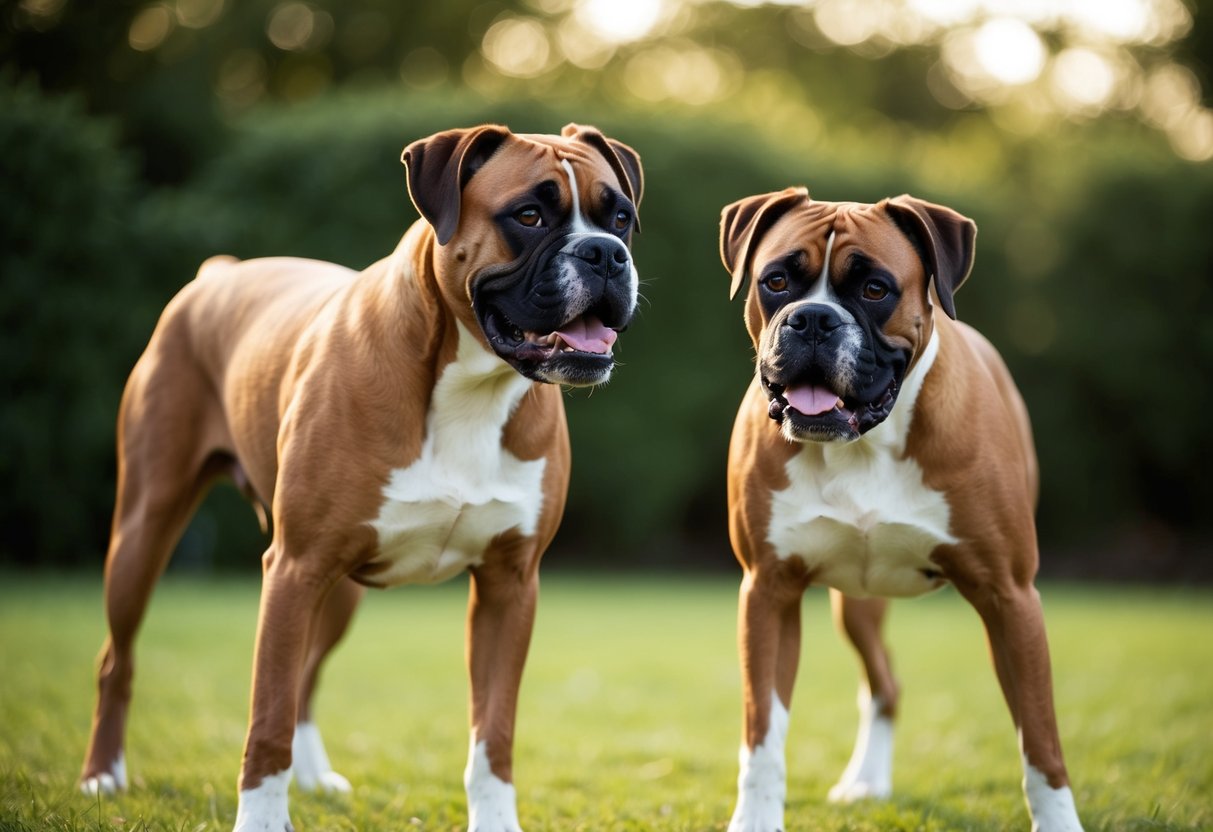 Two Boxer dogs stand guard, alert and focused, showcasing their strong bite and protective instincts
