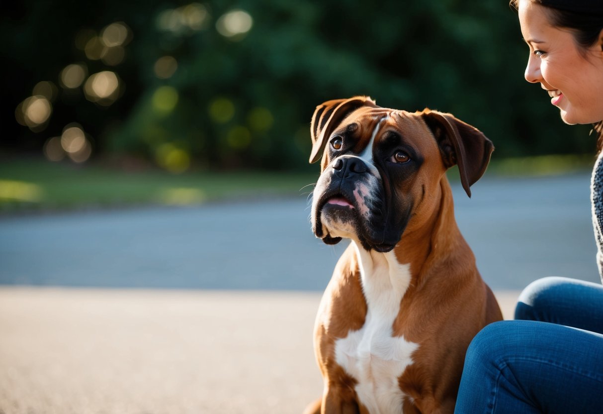 A boxer dog sits with a tilted head, whining softly while looking up at its owner with pleading eyes