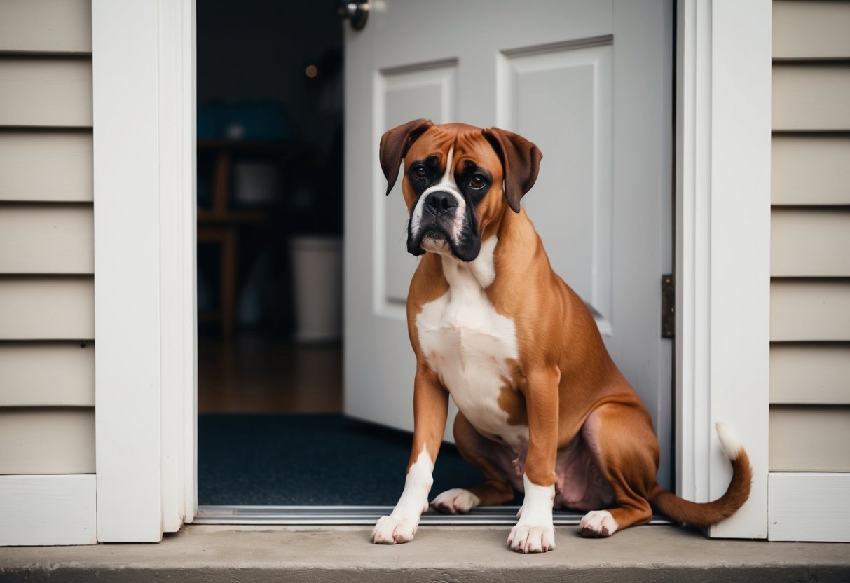 A boxer dog sits by the door, whining softly with a pleading look in its eyes. Its tail is tucked between its legs, and it paws at the ground nervously
