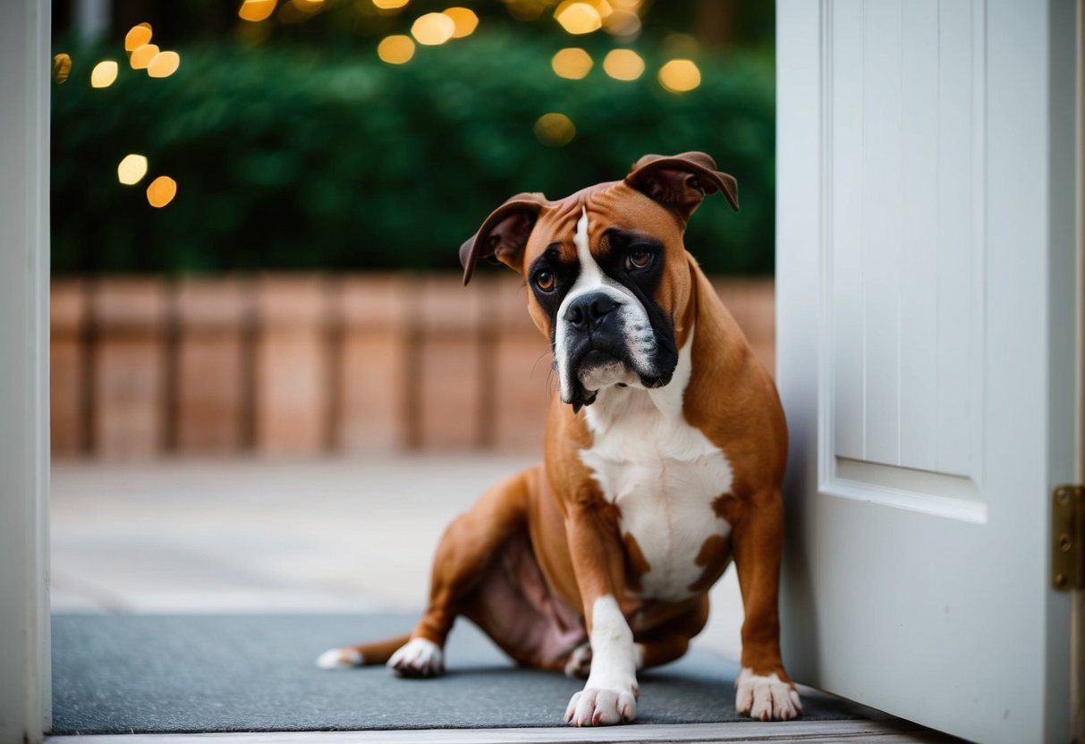 A boxer dog sits by the door, head tilted and ears perked, looking up at the owner with pleading eyes