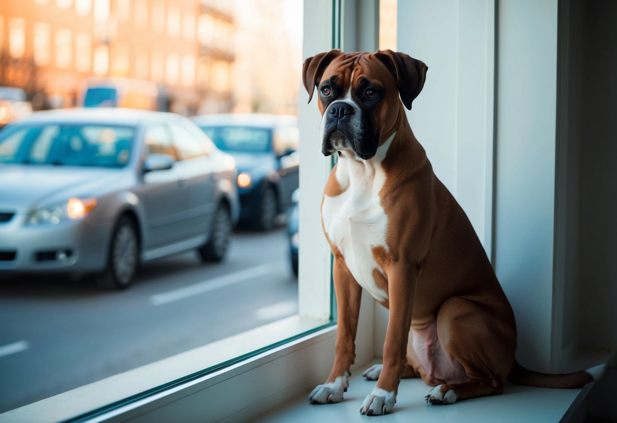 A boxer dog sits calmly by the window, gazing out at the passing cars and people, content to be left alone for a while
