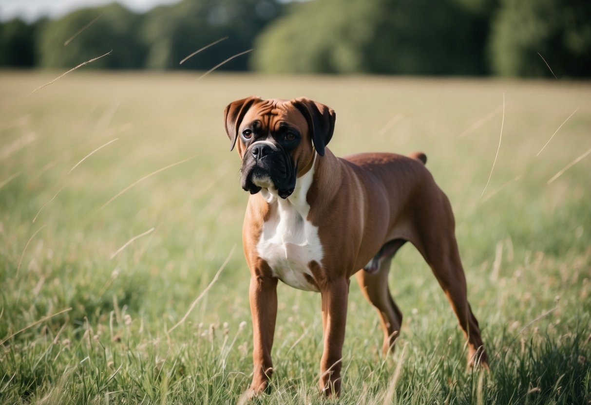 A boxer dog standing in a field, sniffing the air with a wrinkled nose, surrounded by faint odor lines