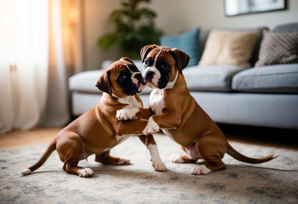 Two boxer puppies playfully wrestling in a cozy living room, one tilting its head and emitting a soft whine