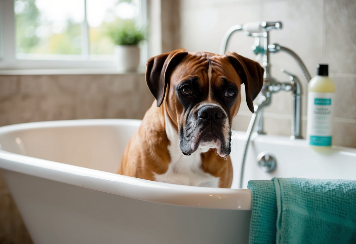 A boxer dog being bathed in a bathtub, with a bottle of dog shampoo and a towel nearby