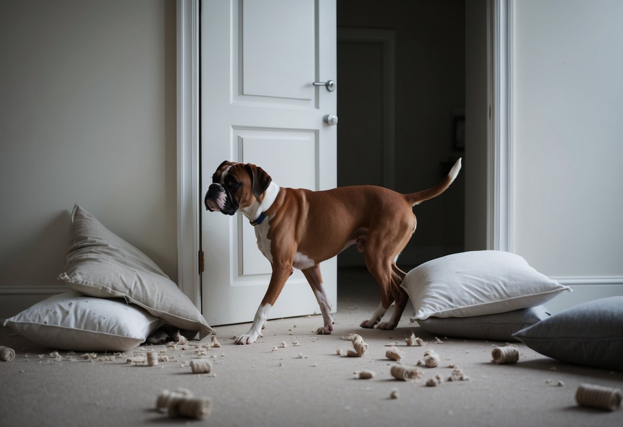 A boxer dog whining and pacing by the door, while torn pillows and chewed furniture are scattered around the empty room
