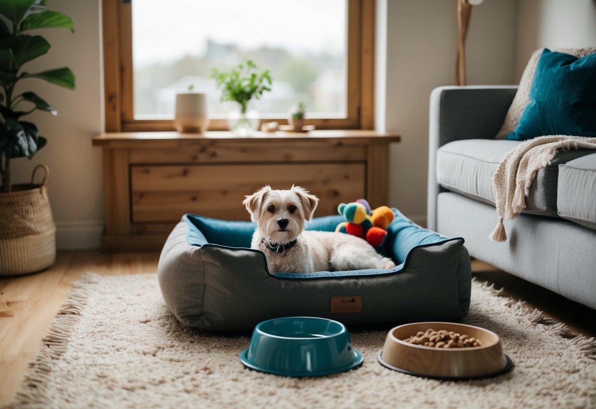 A cozy living room with a comfy dog bed, toys, and a window view
