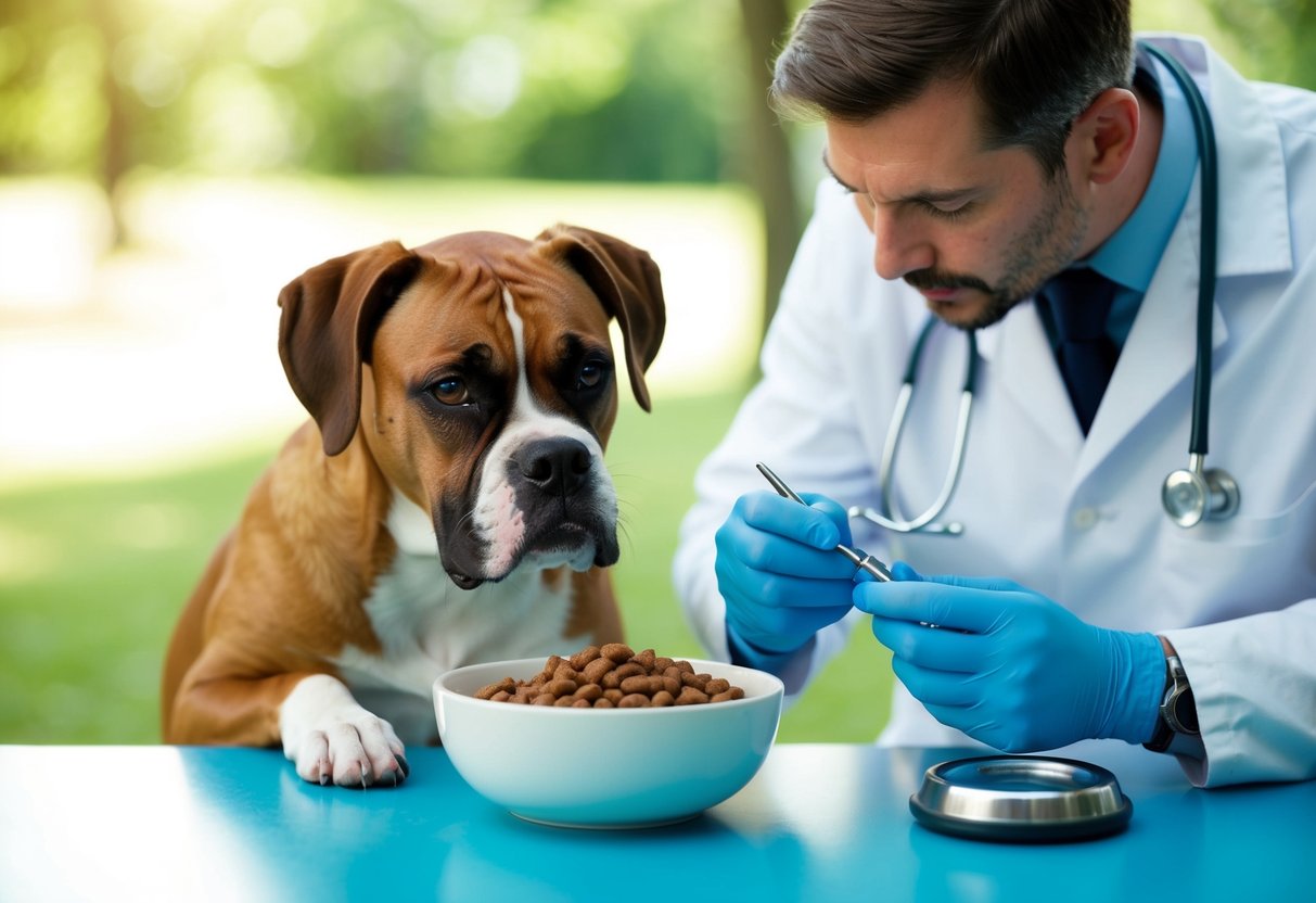 A boxer dog sniffs a bowl of healthy dog food, while a veterinarian examines its teeth and checks its weight