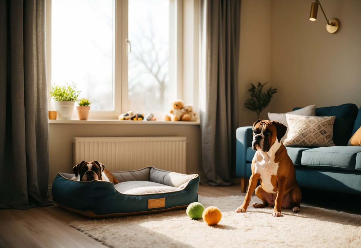 A cozy living room with a comfortable dog bed and toys scattered around. A window lets in warm sunlight, creating a peaceful atmosphere for a boxer dog left alone
