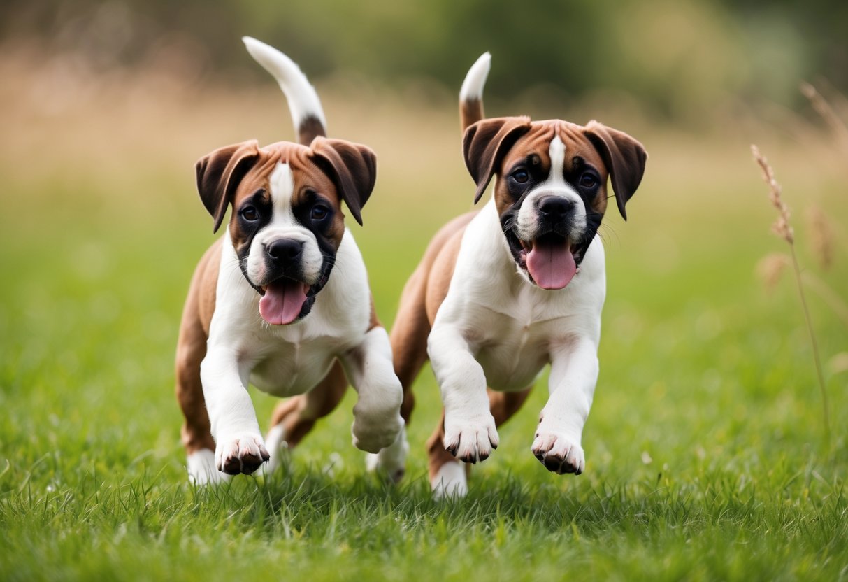Two playful boxer puppies romping in a grassy field, tails wagging and tongues lolling, showing no signs of aggression