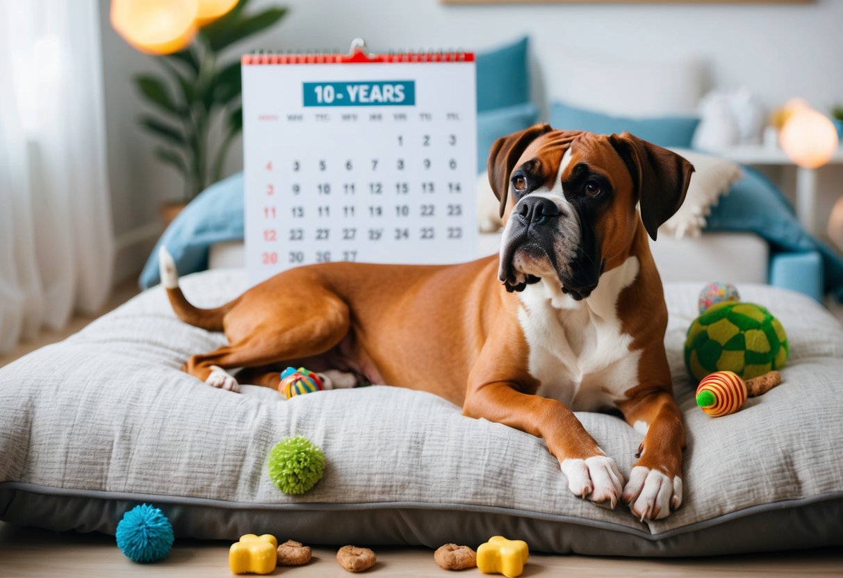 A boxer dog lying peacefully on a cozy bed, surrounded by toys and treats, with a calendar showing the average life span of 10-12 years