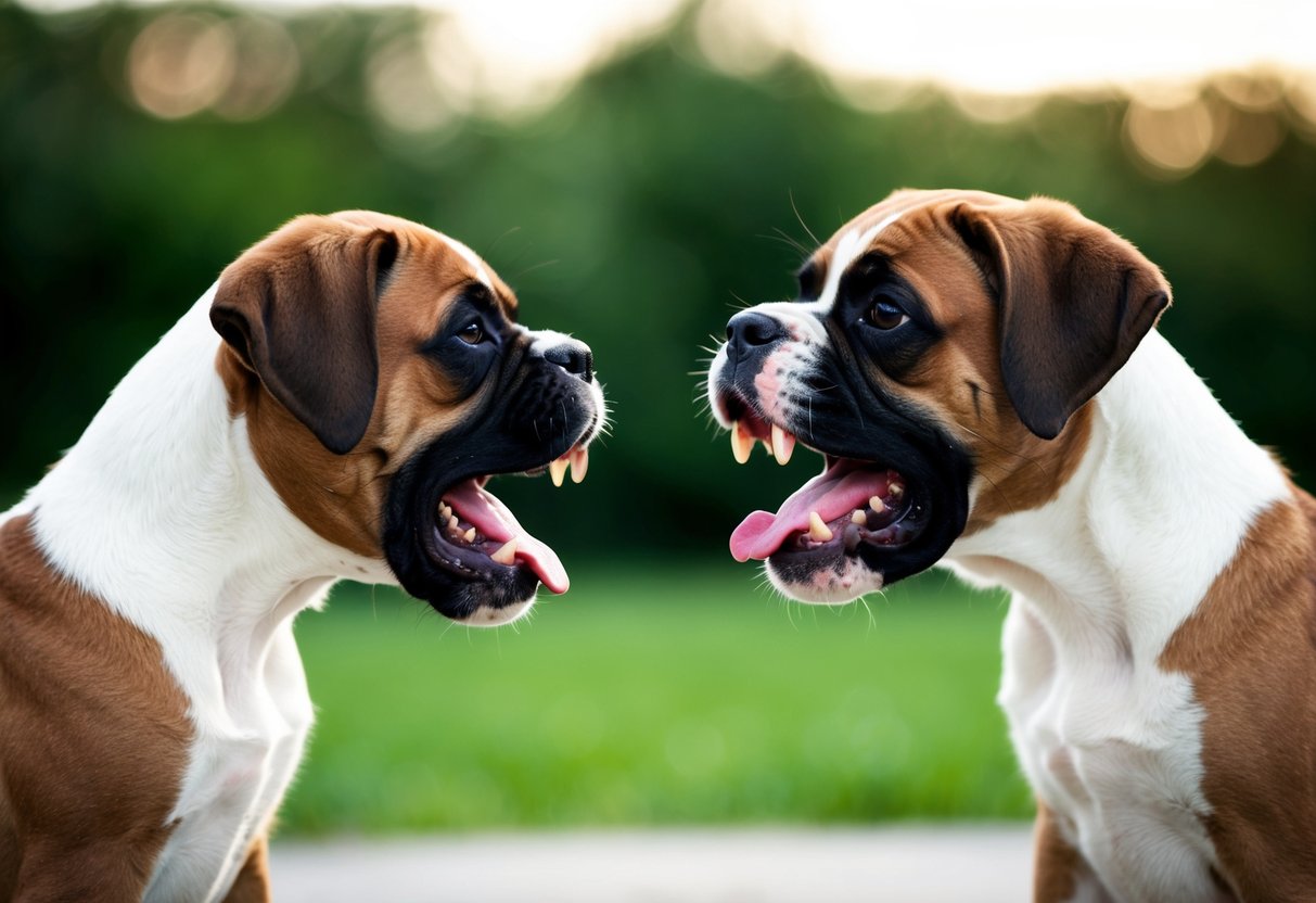 Two boxer puppies facing off, teeth bared and growling, with raised hackles and tense body language