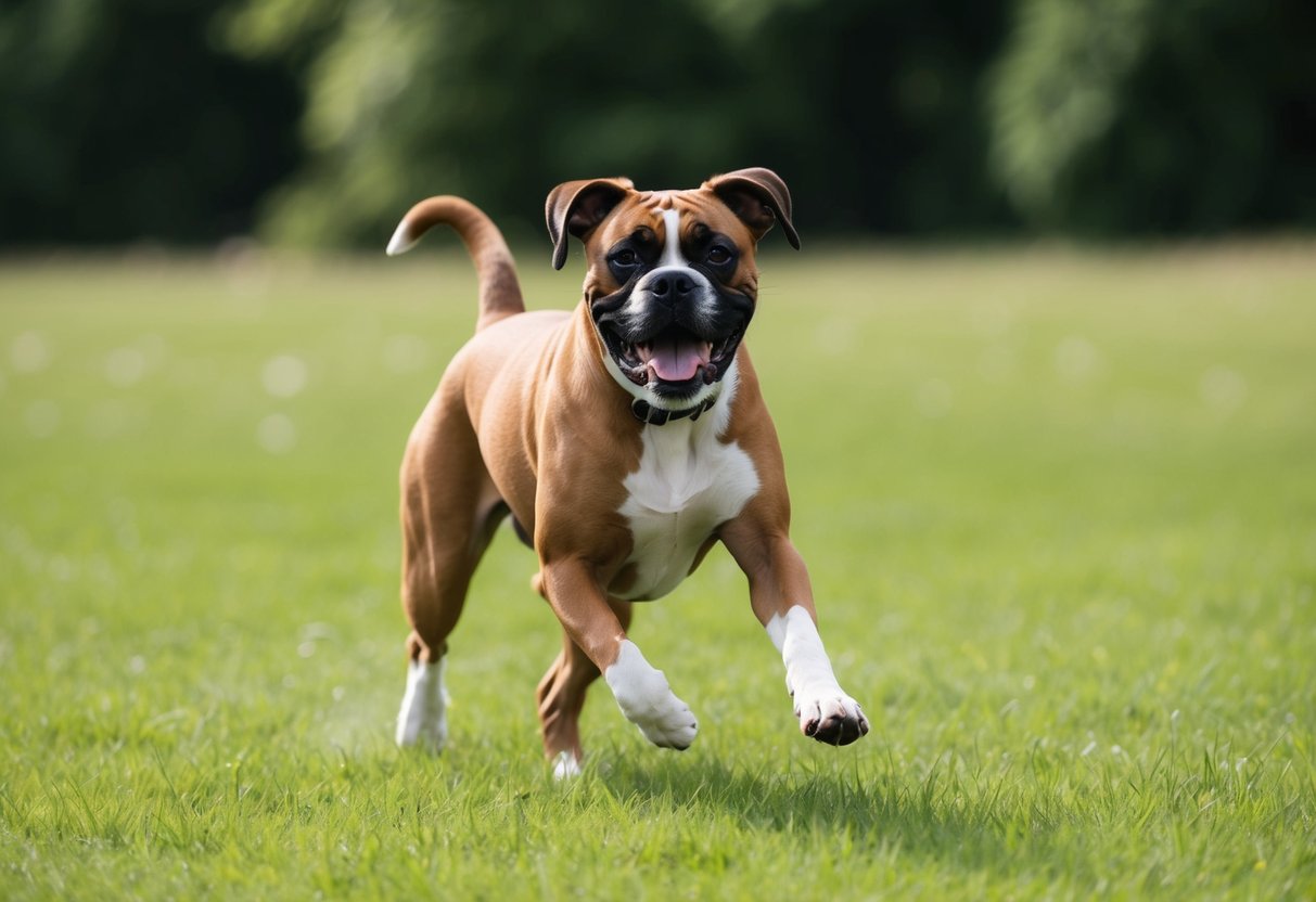 A boxer dog running in a grassy field, with a happy expression and a wagging tail