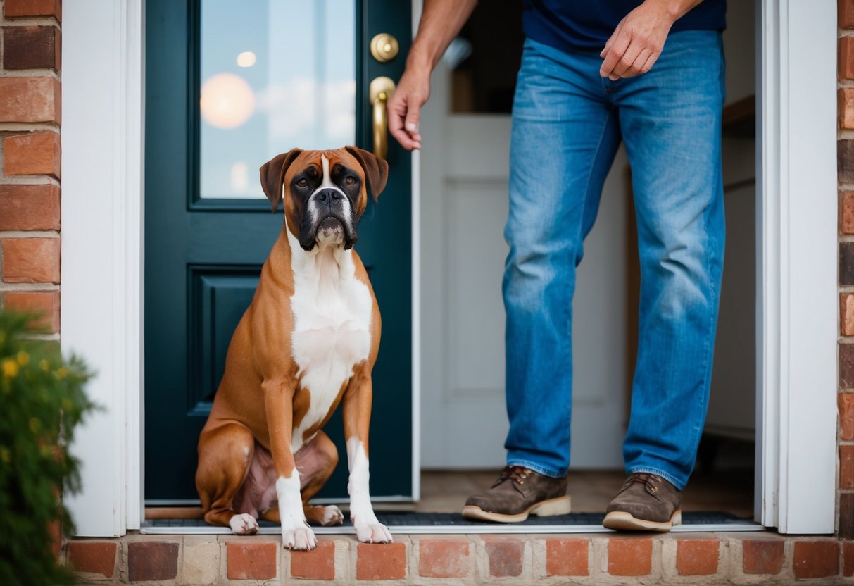 A boxer dog sits by the front door, whining and pacing, as the owner prepares to leave the house