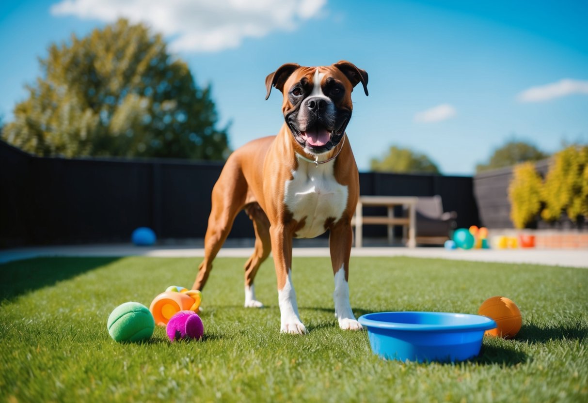 A happy boxer dog playing in a spacious backyard, surrounded by toys and a water bowl, with a clear blue sky overhead