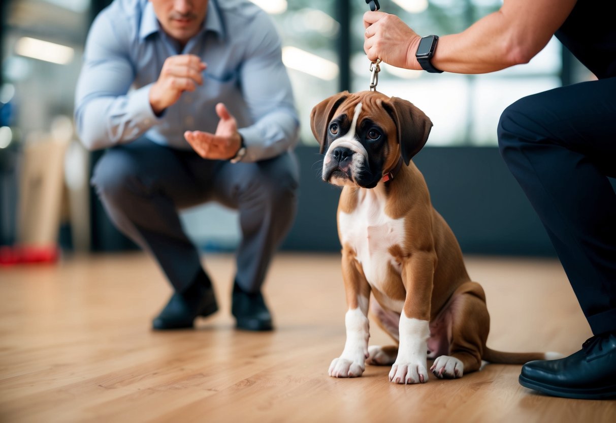 A boxer puppy eagerly follows a trainer's commands, sitting attentively with focused eyes and wagging tail